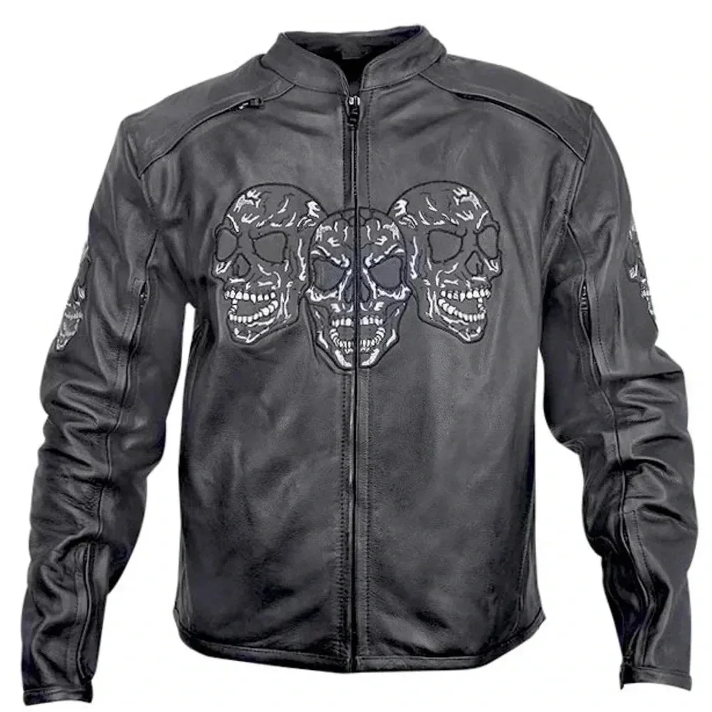 Leather Motorcycle/Racing Jacket with Reflective‎ Skull Designs